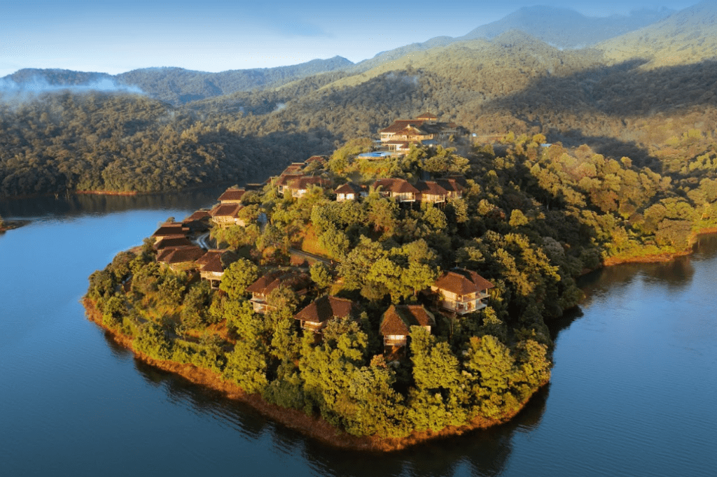 Areal view of Mountain Shadows, a resort in Wayanad with swimming pool